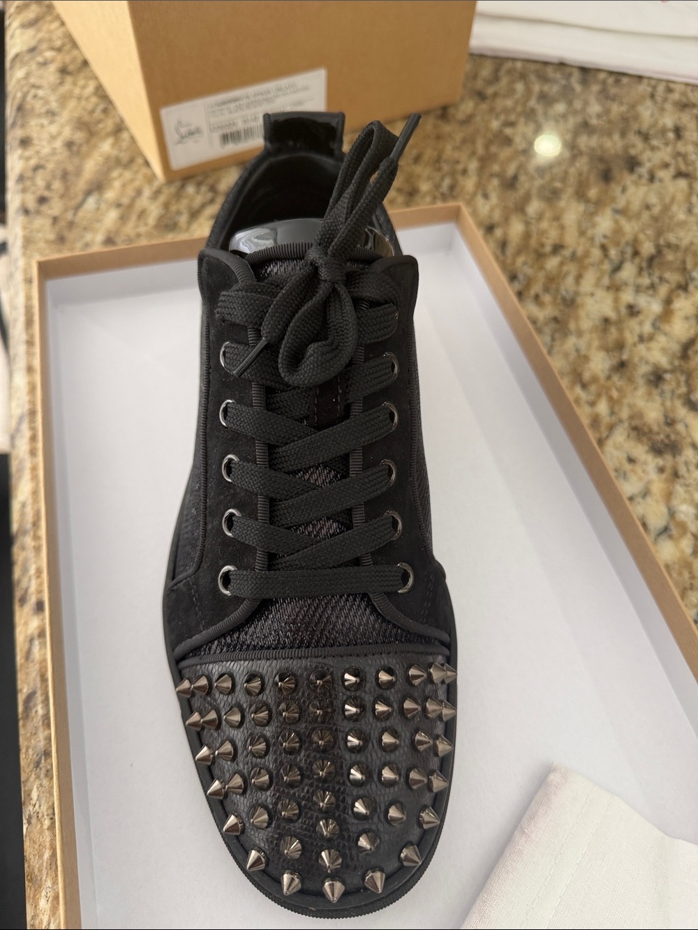 Christian Louboutin Black Knit Low-Top Sneaker with Red Sole
